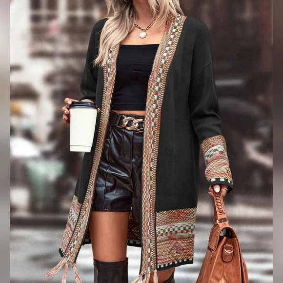 Black Cardigan Aztec Western Bohemian Print Knit Long Sleeve - Picture 1 of 6